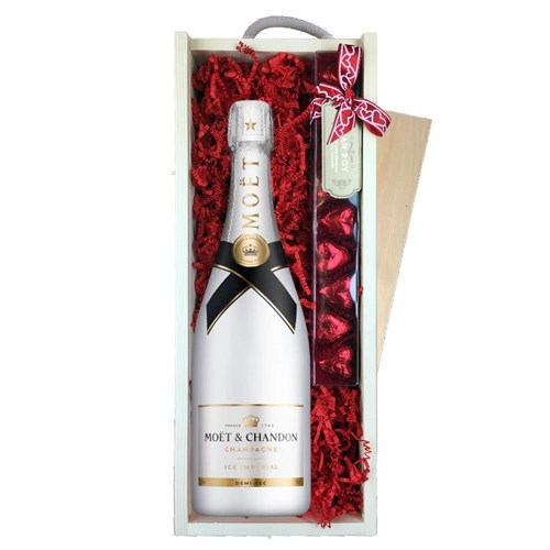 Moet and Chandon Ice White Imperial 75cl & Chocolate Praline Hearts, Wooden Box